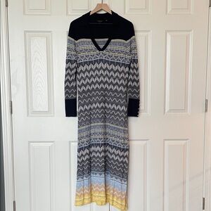 Ted Baker London Long Sleeve Chevron Dress in Navy Blue, Gray, and Yellow
